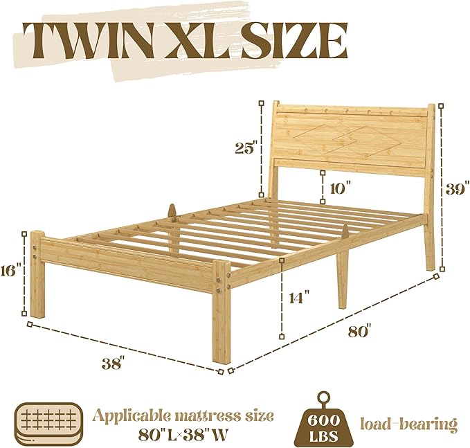 Askeld 14 inch Bamboo Twin XL Bed Frame with Headboard, Light Cottagecore Solid Wood Platform Bed with Heavy Duty Metal Slats, No Box Spring Needed, Easy Assembly, Noise Free