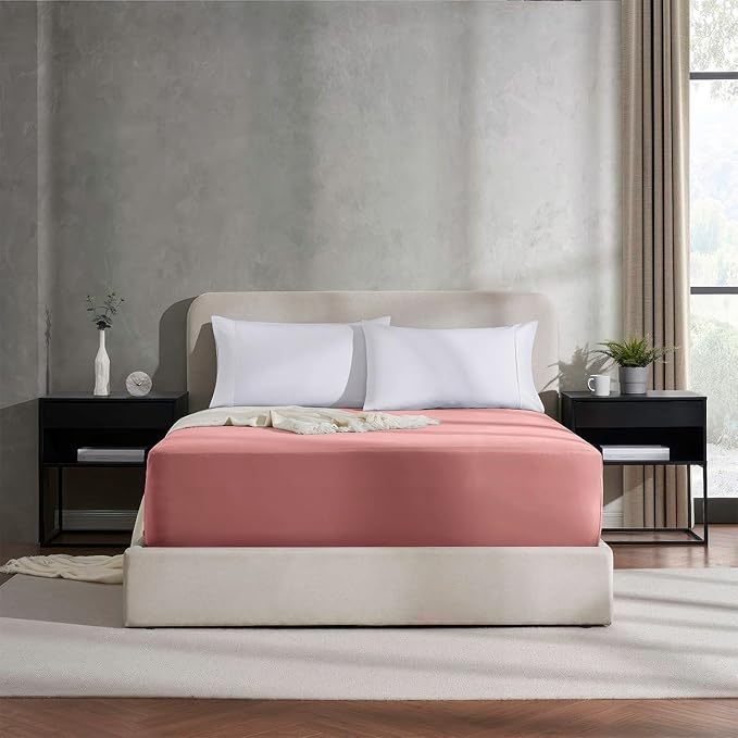 Nestl Pink Clay Extra Deep Pocket Fitted Sheet Queen, Hotel Luxury Queen Fitted Sheet Only Easily Fits 18 to 24 Inch Mattress, Super Soft, Wrinkle-free, and Breathable Bottom Sheets with Corner Straps