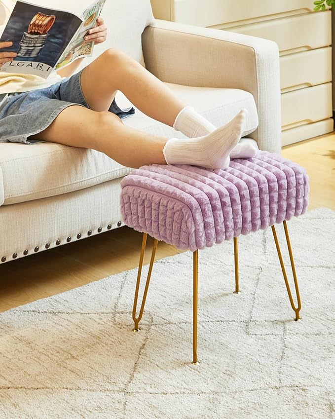 IBUYKE Rectangular Footrest Stool Ottoman, Makeup Vanity Stool Side Table, Velvet Dressing Table Seat, Footstool Chair, Golden Steel Legs, for Makeup Room, Bedroom, Square grid pattern, Purple WBD003V