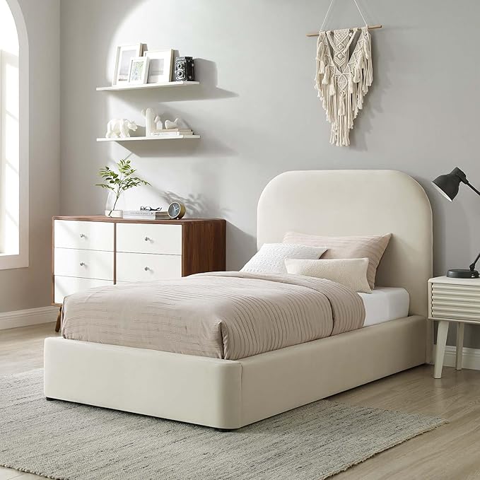 Modway Keynote Modern Bed Frame, Twin Size with Curve Shaped Headboard in Alabaster