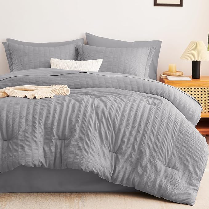 CozyLux Twin XL Comforter Set with Sheets Seersucker Grey 5 Pieces Bed in a Bag, Gray Twin Extra Long Luxury Bedding Sets for College Dorm with Down Alternative Comforter, Sheets, Pillowcase & Sham