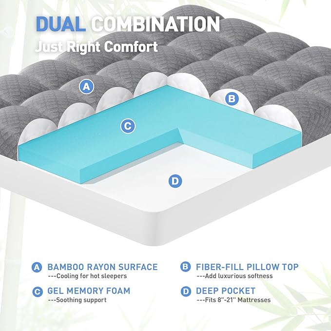 Dual Layer 3 Inch Memory Foam Mattress Topper Queen Size, 2 Inch Cooling Gel Memory Foam Plus 1 Inch PillowTop Mattress Pad Cover, with 8-21 Inch Deep Pocket, Grey