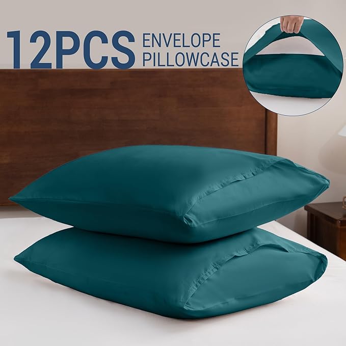 Pillowcases Standard 12 Pack, 20x26 Pillow Cases with Envelope Closure, Soft Plain Brushed Microfiber Covers Breathable Wrinkle-Resistant, Teal
