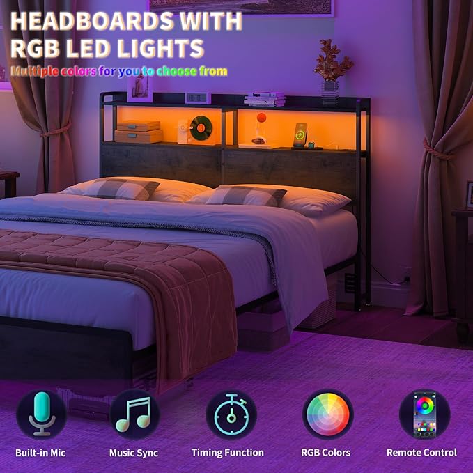 METYERRY Headboard for Queen Size Bed Frame with Storage, Height Adjustable, Headboards with Outlets, USB Ports, Type-C, LED Light, Sturdy and Stable Headboard, Black Oak,Bed Frame NOT Included