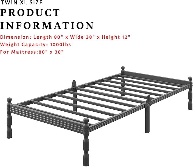 ZIYOO Twin XL Bed Frame - 12 Inch Heavy Duty Metal Platform, Mattress Slide Stopper, Squeak-Resistant, Easy Assembly, No Box Spring Required for Adults