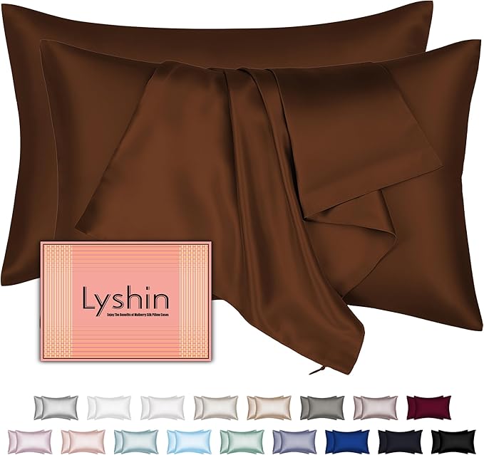Silk Pillow Cases 2 Pack Standard Size with Hidden Zipper, Mulberry Silk Pillowcase for Hair and Skin, Smooth and Soft Breathable Cooling Silk Satin Pillowcase Set of 2, Gifts for Women，Brown