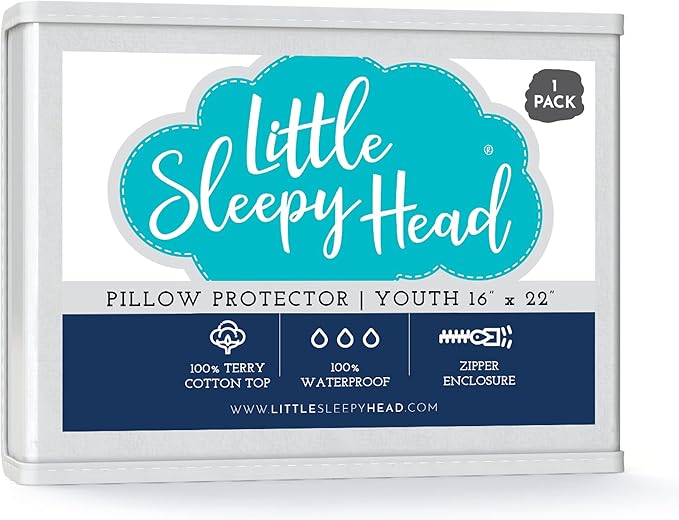 Little Sleepy Head Waterproof Pillow Protector (1-Pack), 100% Terry Cotton Pillow Covers with Zipper – Hypoallergenic, Noiseless Protector for Youth Pillows