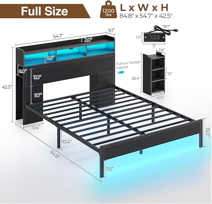 Rolanstar Full Size Bed Frame with Bookcase Storage Headboard, Slide Out Bedside Storage, Bed with Charging Station & LED Lights, Heavy Duty Metal Slats, No Box Spring Needed, Noise Free, Black