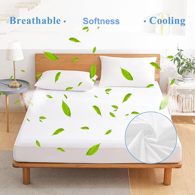 Queen Waterproof Mattress Protector - Noiseless, Breathable, Machine Washable Fitted Mattress Cover with Deep Pocket up to 5”-21”（White）