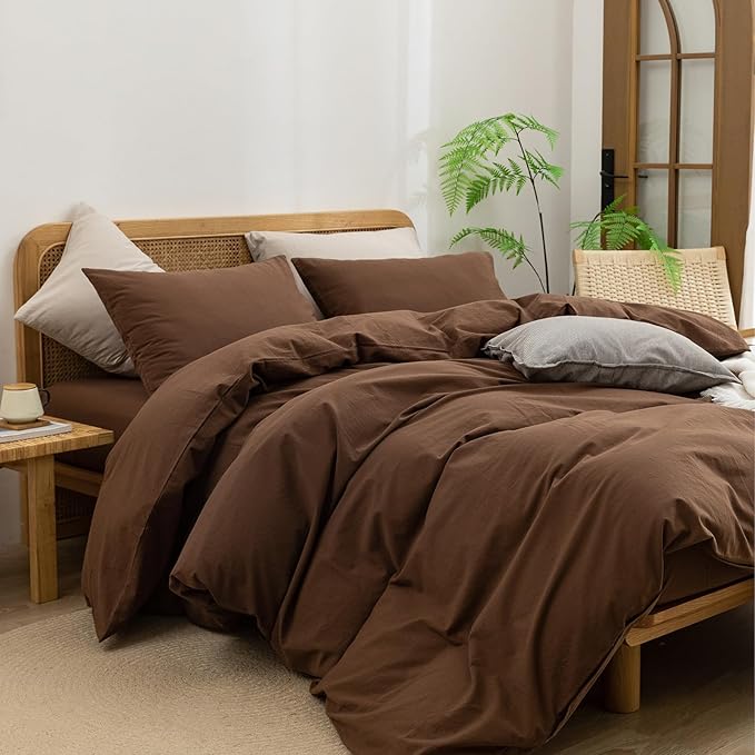 BESTOUCH Duvet Cover Set 100% Washed Cotton Linen Feel Super Soft Comfortable Chic Lightweight 3 PCs Home Bedding Set Solid Cocoa Brown Alaska King