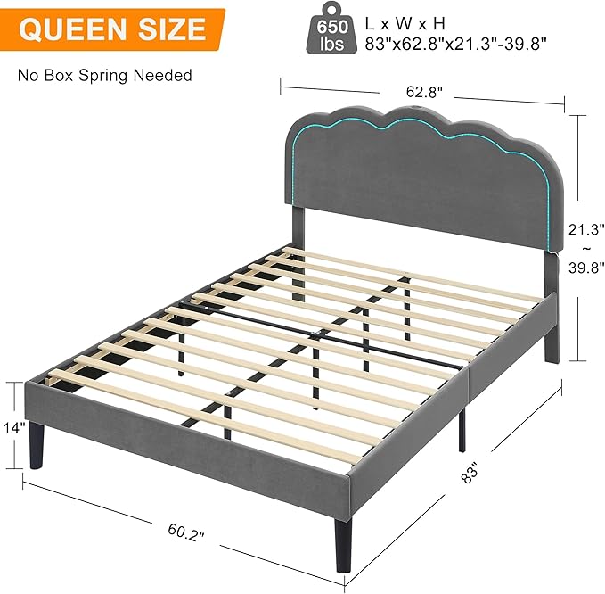 VECELO Upholstered Queen Size Bed Frame with Headboard Adjustable, LED Lights, USB-A & Type-C, Velvet Platform Bed Noise Free, Mattress Foundation with Wooden Slats, No Box Spring Needed, Grey
