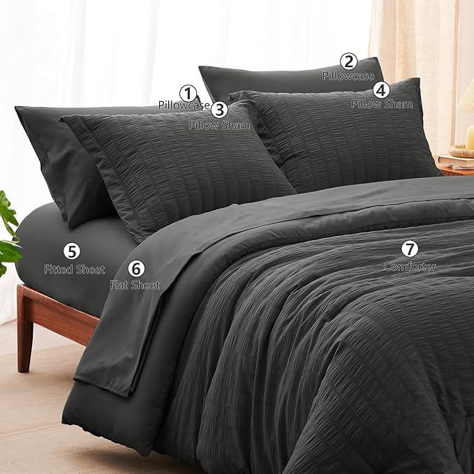 CozyLux Queen Comforter Set Dark Grey Seersucker 7 Pieces Bed in a Bag Queen Comforter Set with Sheets, Dark Gray Luxury Soft Bedding Set with Down Alternative Comforter, Sheets, Pillowcases & Shams