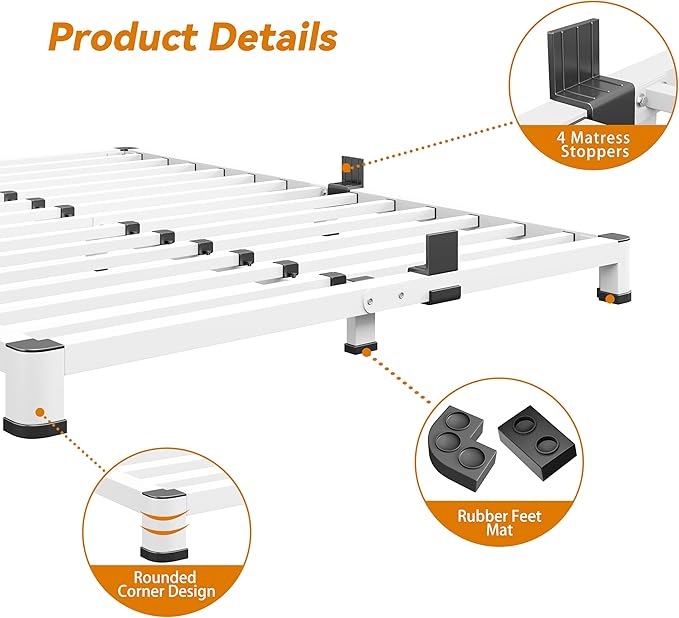 NKZ Full Platform Bed Frame 4 Inch, Heavy Duty Metal Low Profile Bed Frame with Round Corner Legs, 3500lbs Weight Capacity Reinforced Frame, No Box Spring Needed，Noise-Free, Easy Assembly