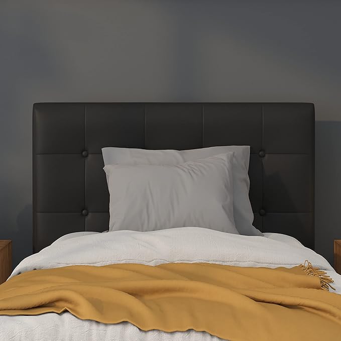 Flash Furniture Lennox Adjustable Height Button Tufted and Box Stitch Upholstered Twin Size Headboard in Black Vinyl