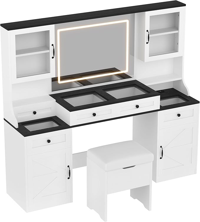 Farmhouse Vanity Desk with Mirror, 61.5" Makeup Vanity Table Set with Glass Visual Desktop and Cushion Stool, Dressing Table with 5 Drawers and 4 Cabinets for Bedroom