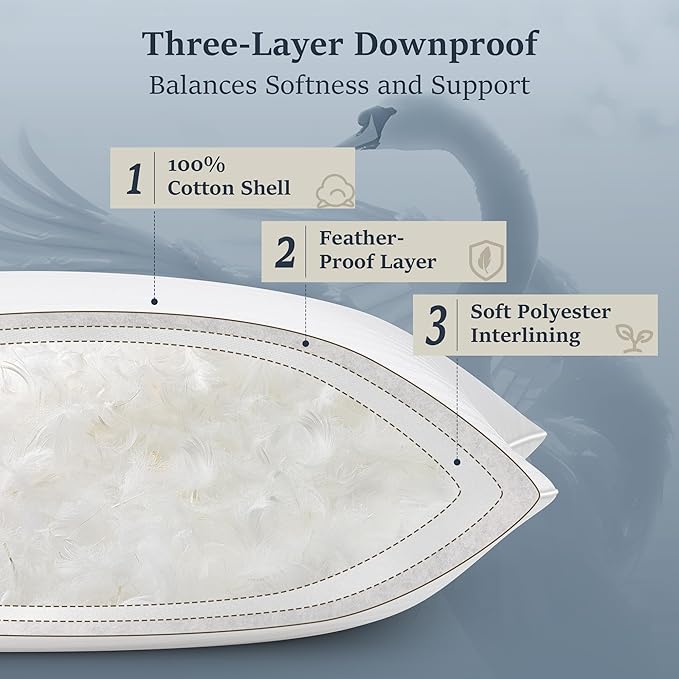 COZSINOOR Goose Feather Pillows Queen Size - Pack of 2, Hotel Down Bed Pillow for Sleeping, Soft 600 TC Cotton Cover, Fluffy Support Surround Fill Down Alternative, Softer