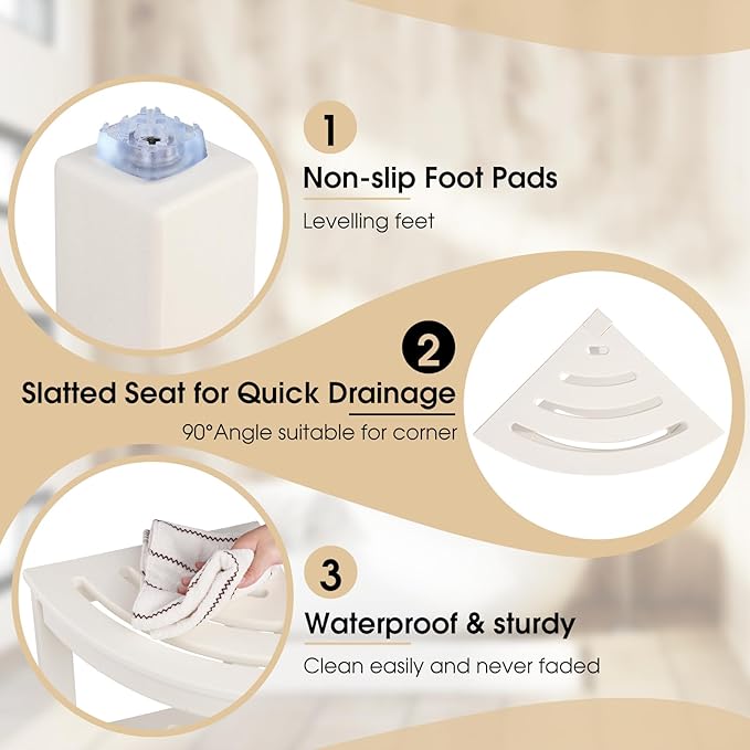 Apolimi HDPE Corner Shower Stool,Shower Bench Seat with Storage Shelf for Shaving Legs Plastic Spa Bath Step Foot Rest for Bathroom Small Place (White)