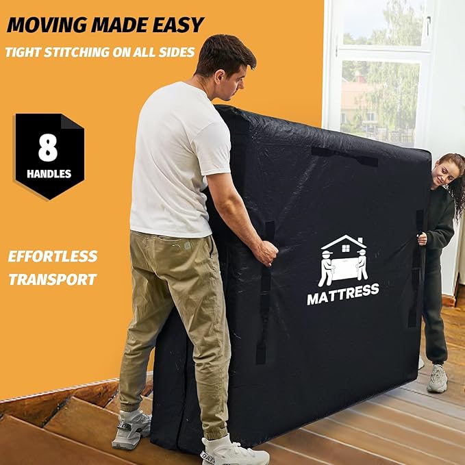 Mattress Bags for Moving, BETU Mattress Protector Waterproof Mattress Cover Full Size Storage Bags with 8 Heavy-Duty Handles and Zipper for Bed Extra Thick Large Reusable (77"x57"x15" Black)