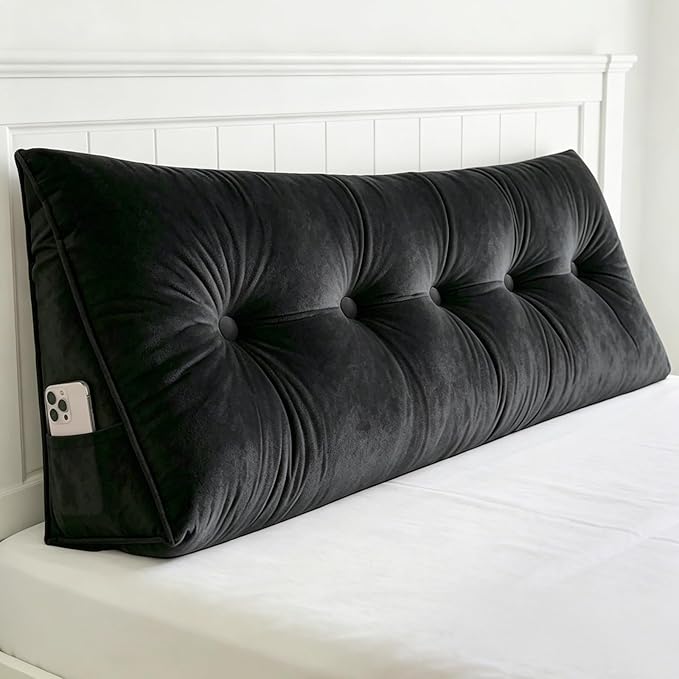 Headboard Pillow Queen, Triangle Wedge Pillow for Headboard, Ergonomic Backrest Cushion for Reading Sitting Working Removable Crystal Velvet Cover for Bed Dorm Sofa (Black, Queen)