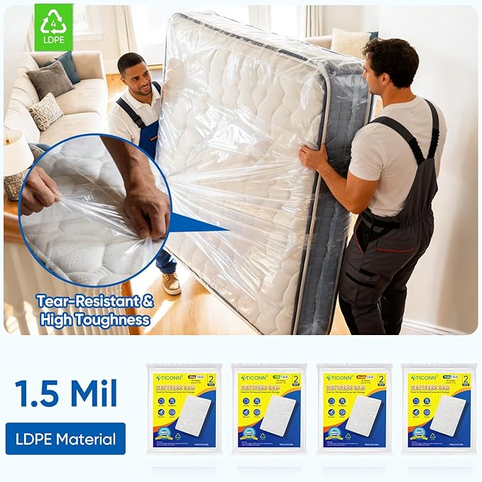TICONN 1PK Plastic Mattress Bag for Moving Storage, Waterproof Mattress Protector Cover, Heavy-Duty Mattress Moving Supplies (1.5 mil, Full)