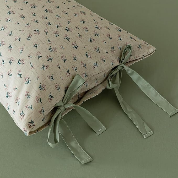 VM VOUGEMARKET Green Purple Flower Duvet Cover Set King 100% Cotton 3 Pcs Girls Blossom Comforter Cover with Zipper Closure Cottagecore Style Duvet Cover + 2 Pillowcases with Bowknot-104x90 Inch