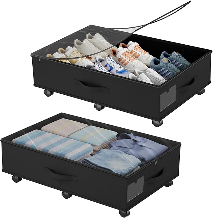 Babenest 2-Pack Under Bed Storage Organizer with Clear Zippered Lid, Foldable Rolling Underbed Drawers on 6 Wheels, Space Saving Clothes, Shoes, Toy Storage for Bedroom, Dorm, Closet