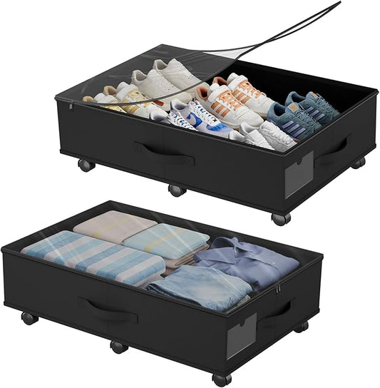 Babenest 2-Pack Under Bed Storage Organizer with Clear Zippered Lid, Foldable Rolling Underbed Drawers on 6 Wheels, Space Saving Clothes, Shoes, Toy Storage for Bedroom, Dorm, Closet
