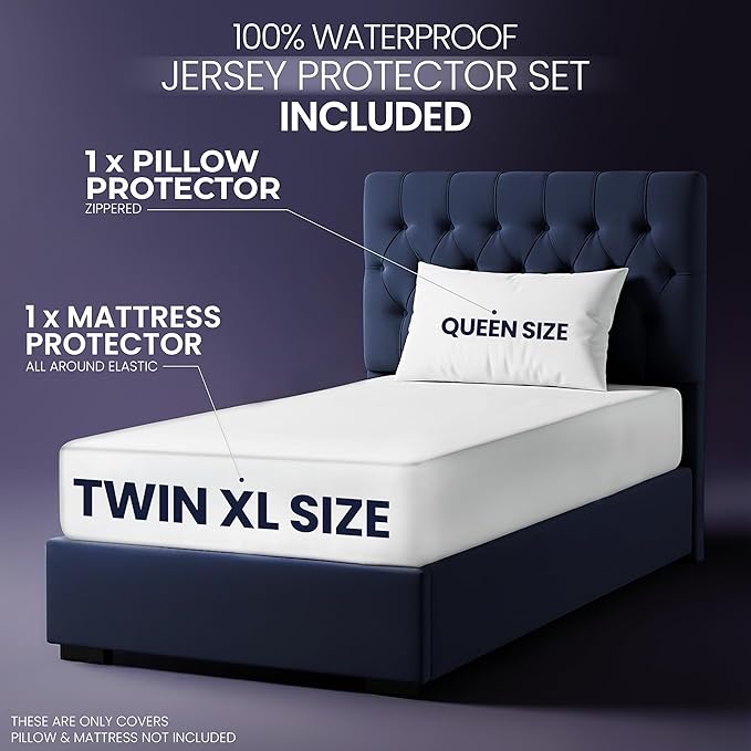 Waterproof Mattress Protector and Pillow Case, Twin XL Size, Includes +1 Zippered Pillow Protector and 1 Mattress Cover Set, Fitted Sheet Style Deep Pockets with All Around Elastic