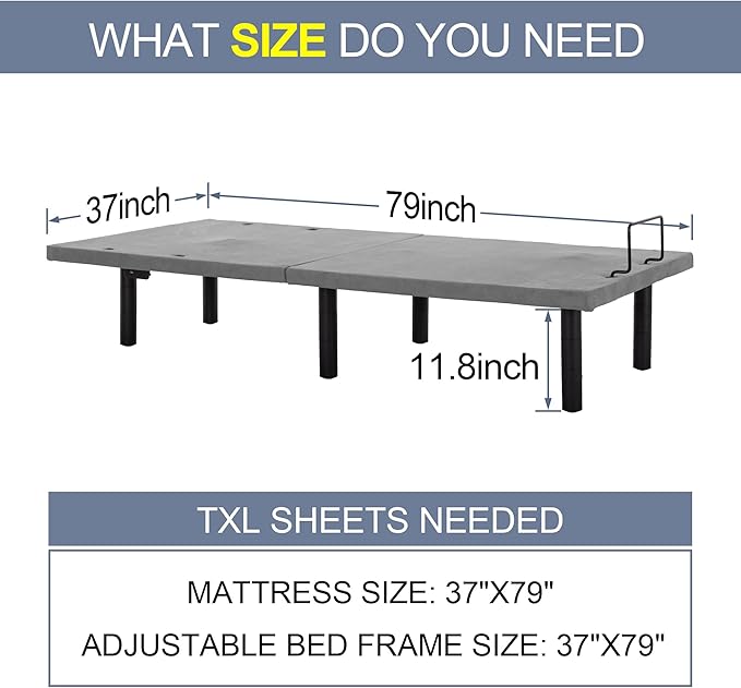 Fromann Adjustable Electric Twin XL Bed Base Frame with Massage, USB Type-C Ports, Zero Gravity, Under Bed Led Lighting and Three Leg Height (Grey)