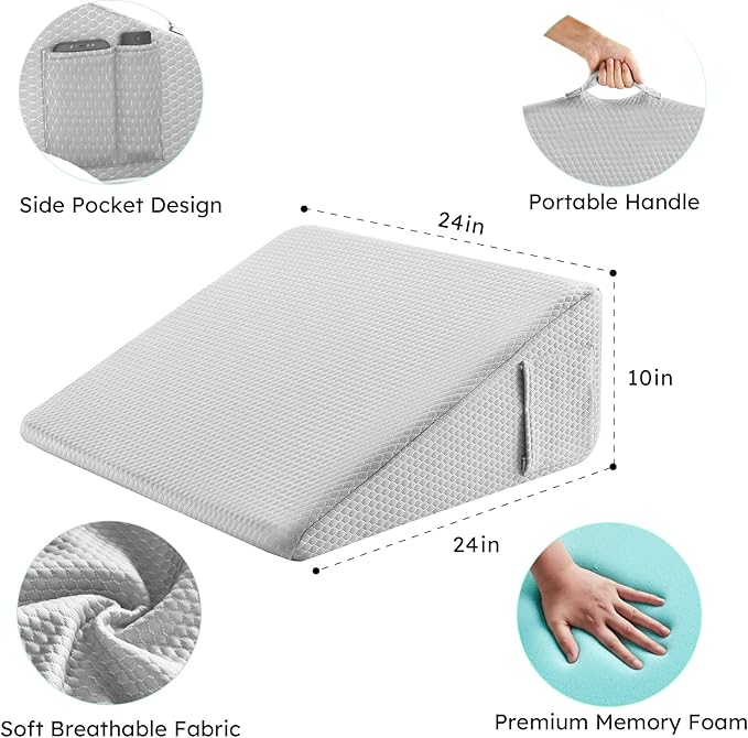 Bedluxe Wedge Pillow, 10 inch Bed Wedge Pillow for Headboard, Pillow Wedge for Acid Reflux Relief, Sleeping, After Surgery, Snoring, Gerd, Triangle Pillow Wedge - Cooling Memory Foam Top, Light Grey
