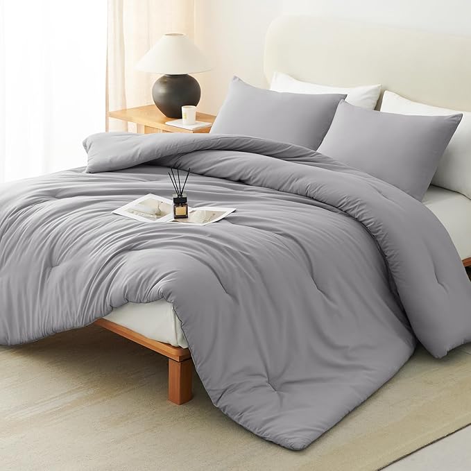 CozyLux Full Size Comforter Set Grey, 3 Pieces Solid Breathable Quilted Bedding Sets, Gray Luxury Lightweight Soft Bed Set with Down Alternative Comforter and 2 Pillowcases for All Seasons