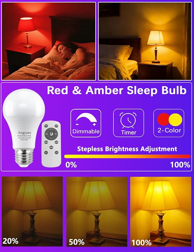 Red and Amber Sleep Bulb with Remote Control Choose 660nm Red Light or 1800K Amberlight,Timer Function, 10W Blue Light Blocking A19 Bulb, E26 Base, for Sleep Therapy,Bedrooms 2Pack