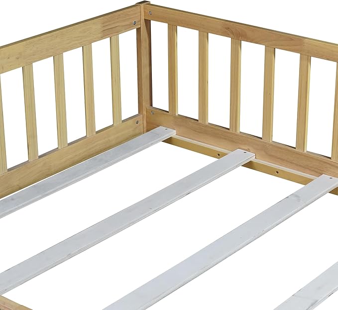 Bellemave Full Size Montessori Floor Bed Frame with Rails & Door, Solid Wood Kids Floor Bed Full with Removable Slats, Low Profile Montessori Bed for Children’s Sleep & Play, Natural