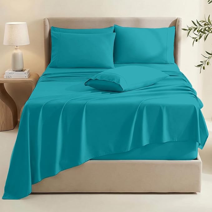 Hearth & Harbor Extra Deep Pocket Sheets - Fits Mattress 18-24 Inches Deep - Extra Deep Pocket California King Size - 6 Piece Cal King Sheets - Cal King, Teal