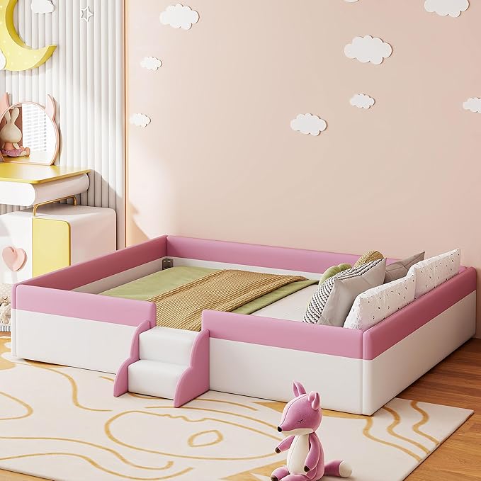 Merax King Size Kids Floor Bed, Daybed Frame with Fence and Stairs, White+Pink Upholstered Wood Bed for Living Room
