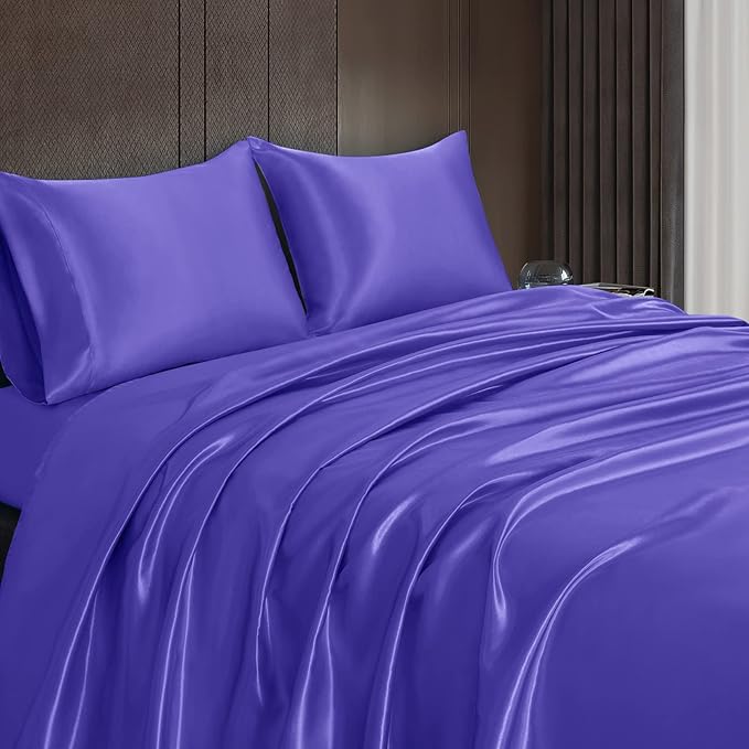 Homiest 3pcs Satin Sheets Set Luxury Silky Satin Bedding Set with Deep Pocket, 1 Fitted Sheet + 1 Flat Sheet + 1 Pillowcase (Twin Size, Periwinkle Blue)