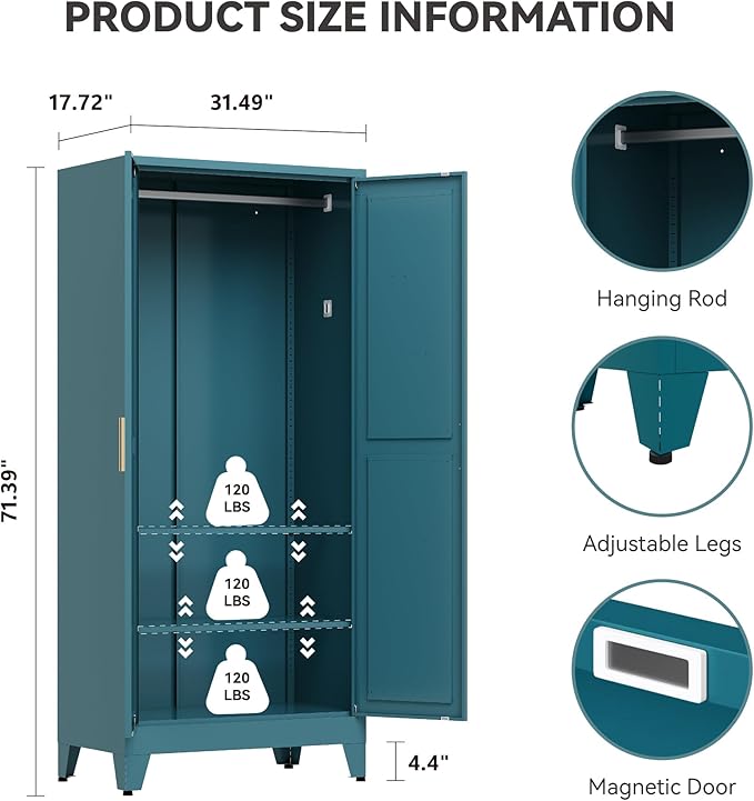Baborokic Metal Armoire Wardrobe Closet with Hanging Rod,71H Metal Cabinet with Doors and Shelves,Bedroom Armoire Closet Organizers,Storage Cabinets for Bedroom,Office,Laundry Room(Blue)