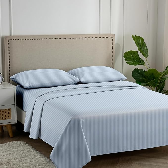 Carressa Linen Luxury Egyptian Cotton King Stripe Sheet Set - 600 Series Hydrangeas Collection Long Staple King Damask Sheets Set (4 PC, Light Blue Stripe), Soft Sateen Sheets Upto 18 in Deep Pocket
