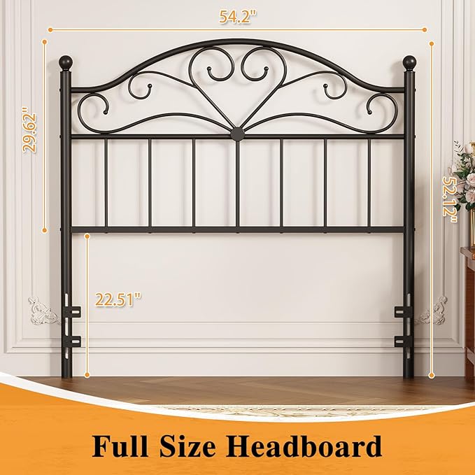 Merronix Vintage Headboard for Full Size Bed Frame, Metal Headboard Only Full Size Freestanding Headboard with Universal Adapters, Height Adjustable, Easy Assembly, Black