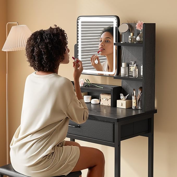 YeTom Makeup Vanity Desk with Mirror and Lights, Small Vanity with Fabric Storage Drawer & Shelves & Side Table, Black Compact Makeup Vanity for Bedroom
