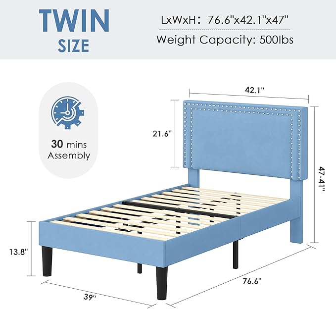 VECELO Twin Size Platform Bed Frame with Height Adjustable Upholstered Headboard, Modern Mattress Foundation,Strong Wood Slat Support, No Box Spring Needed, Easy Assembly, Light Blue