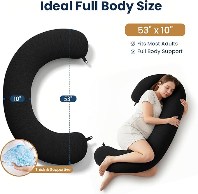 TranquilRelax C Shaped Body Pillow for Side Sleepers, Memory Foam Long Pillow for Leg, Hip & Back Support, Soft Washable Cover,Black-53 * 10"