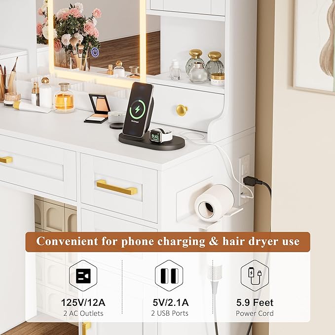 Vanity Table with Mirror and Lights, 5 Drawers, 2 Lighted Cabinets & 2 Storage Cabinets, Makeup Dressing Table, White Vanity for Bedroom Dressing Room
