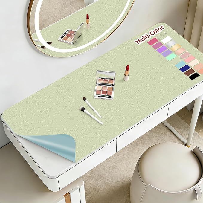 Makeup Mat for Vanity to Protect Desk Top 31.5 x 15.7 in, Dual-Sided Makeup Mat, Easy to Clean Desk Pad - Waterproof and Oilproof Vanity Accessories (Sage Green and Blue)