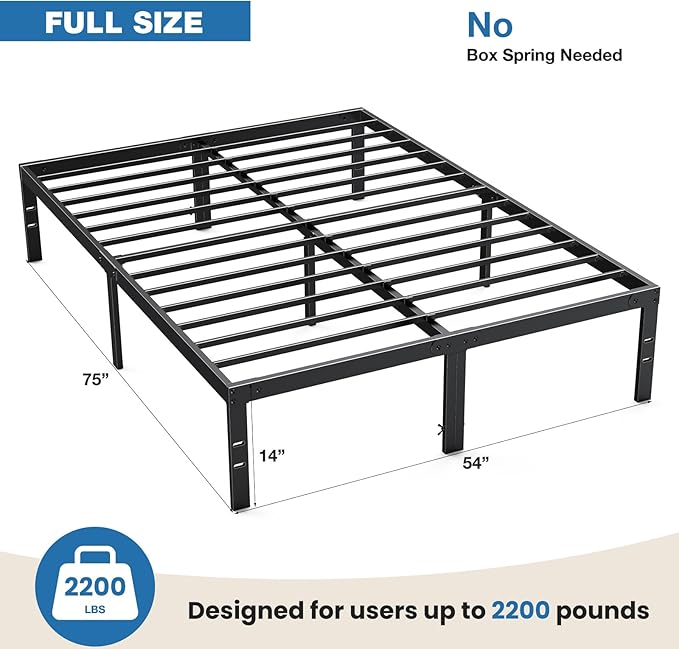 OLIXIS Metal Full Bed Frame - 14in High with Storage Space, No Box Spring Needed with Sturdy Steel Slat Support, 2200LBS Heavy Duty for Easy Assembly, Black for Bedroom