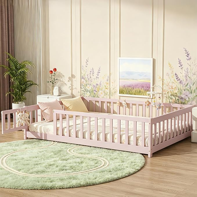 Bellemave Full Size Montessori Floor Bed Frame with Rails & Door, Solid Wood Kids Floor Bed Full with Removable Slats, Low Profile Montessori Bed for Children’s Sleep & Play, Pink