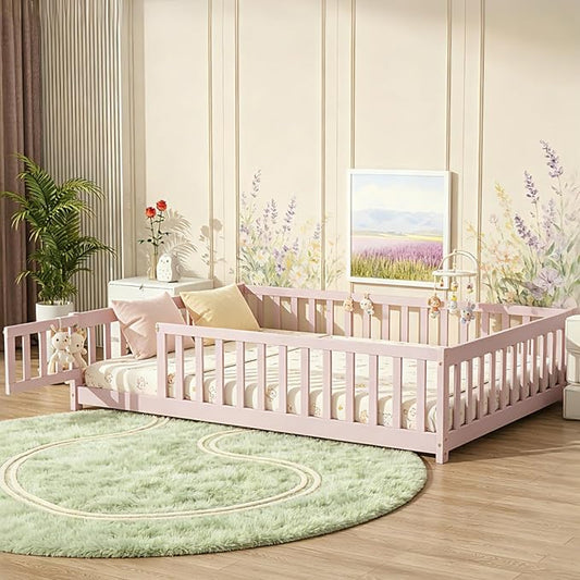 Bellemave Full Size Montessori Floor Bed Frame with Rails & Door, Solid Wood Kids Floor Bed Full with Removable Slats, Low Profile Montessori Bed for Children’s Sleep & Play, Pink