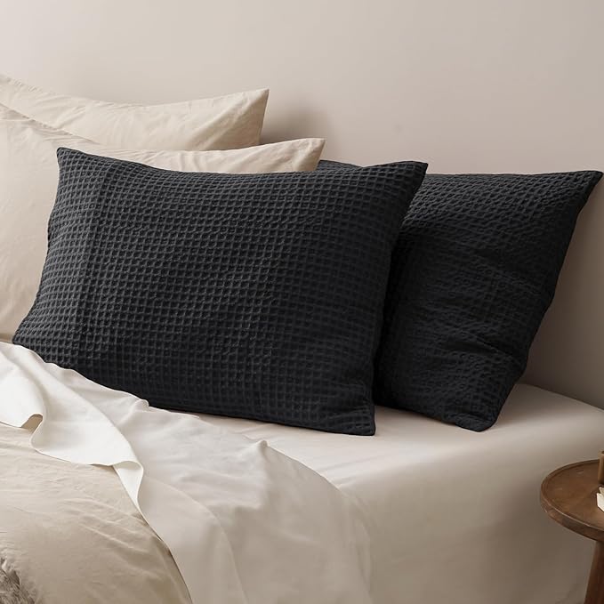 PHF Ultra Soft Waffle Weave Pillow Shams King Size, No Insert, 2 Pack 20" x 36" Pillowcases,Breathable & Skin-Friendly Pillow Cases, Stylish Decorative Bed Pillow Cases Covers,Black