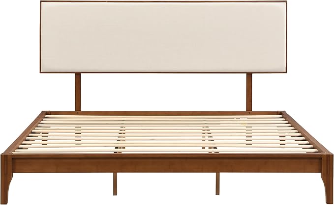 Merax King Size Bamboo Platform Bed, Mid-Century Modern Bed Frame with Upholstered Adjustable Headboard, Wood Slat Support, No Box Spring Needed, Easy Tool-Free Assembly, Brown+Beige