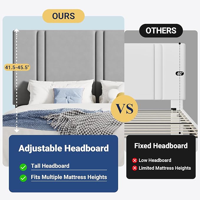 Allewie Queen Platform Bed Frame with Adjustable Headboard, Plush Velvet Upholstered, Vertical Channel Tufted, Sturdy Wooden Slats, No Box Spring Needed, Easy Assembly, Grey